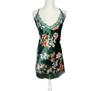 Dark Cottagecore Satin Floral Nightgown Forest Green Lace Trim, XXL